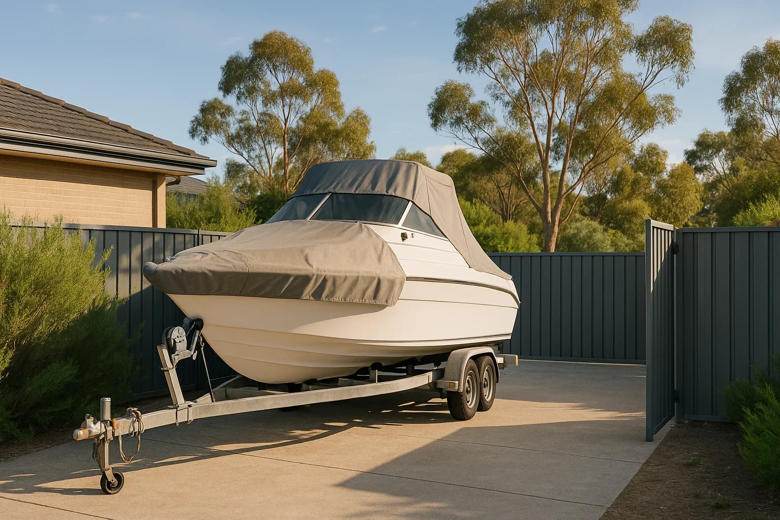 Fibreglass cabin cruiser on trailer, stored behind a residential property with Colorbond fence