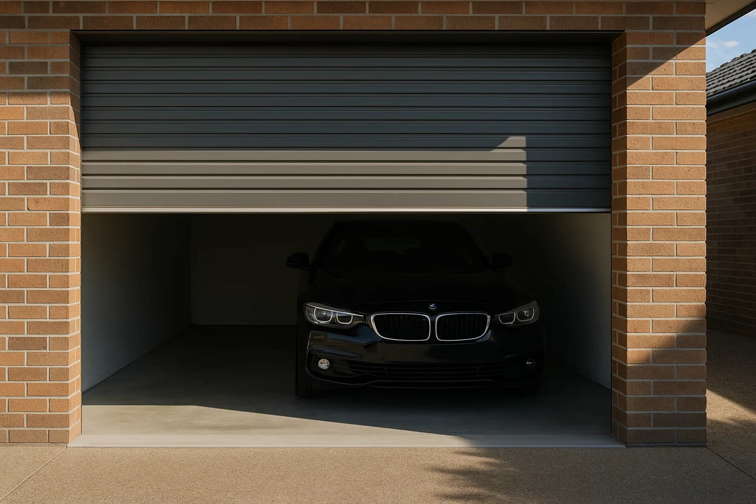 Prestige sedan inside a residential garage viewed through a half-open roller door