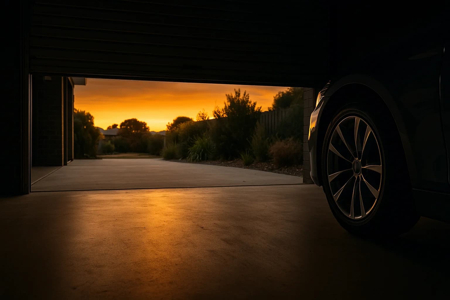 Dark prestige car lit through a half-open residential garage roller door