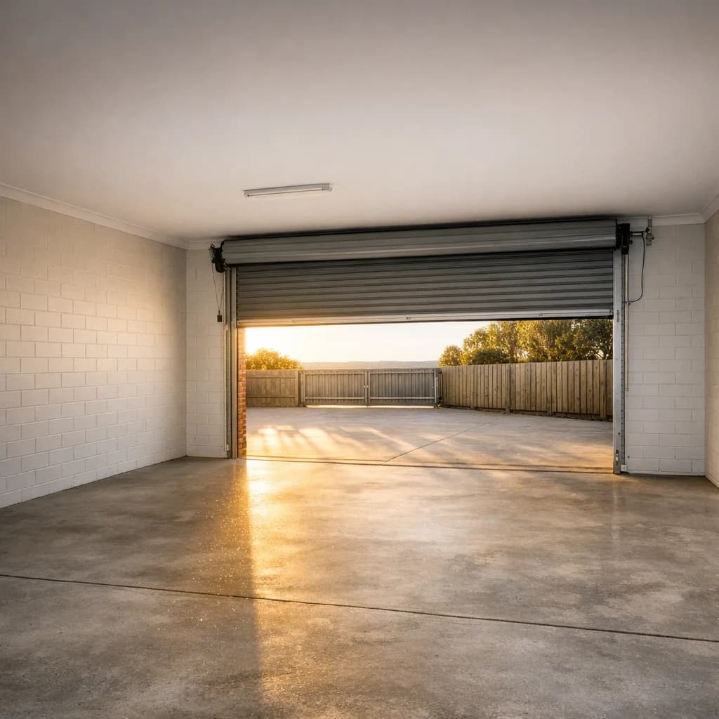 Empty garage interior with roller door open in golden evening light