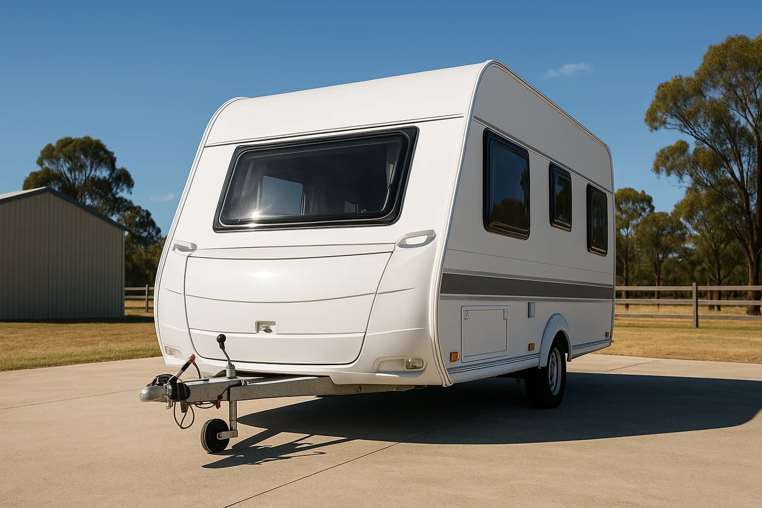 White touring caravan parked in a large open yard at three-quarter angle